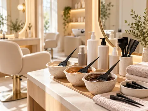 Vorbereitete Farb- und Pflegeprodukte mit Pinseln in einem hellen Friseursalon